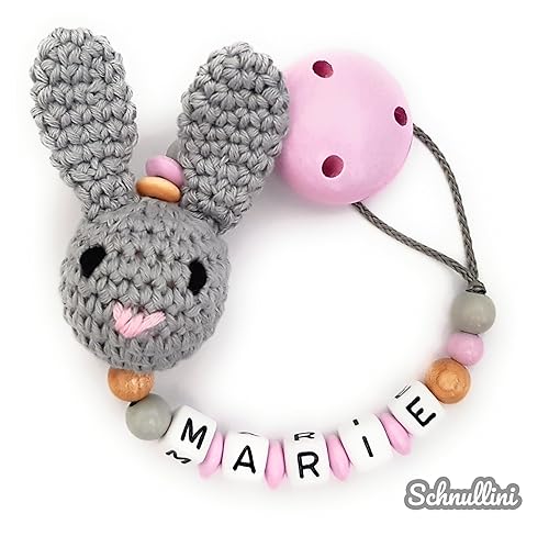 Schnullerkette mit Namen Gravur Süßer Hase Geschenk Taufe Geburt Silikonring individuell | Mädchen rosa Namenskette