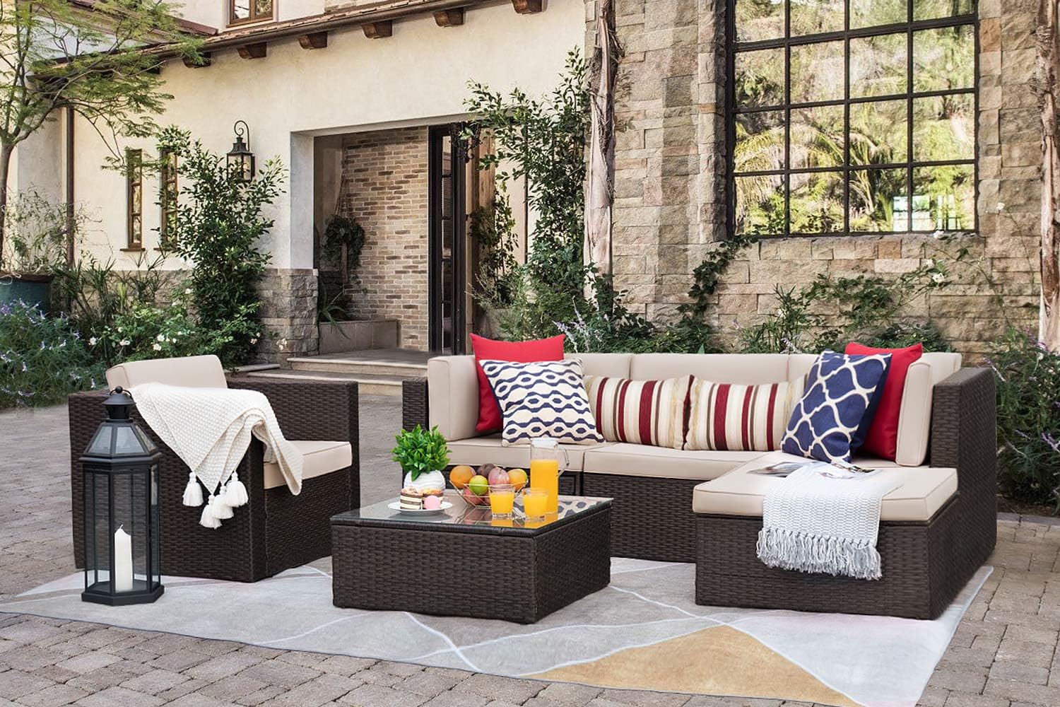 Flamaker 6 Pieces Patio Furniture Set Outdoor Sectional Sofa Outdoor Furniture Set Patio Sofa Set Conversation Set with Cushion and Table (Beige): Garden & Outdoor