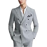 Autrl Mens Suits Linen 2 Piece Suit for Men Peak Lapel Slim Fit Suits Set Double Breasted Tuxedos for Wedding Prom