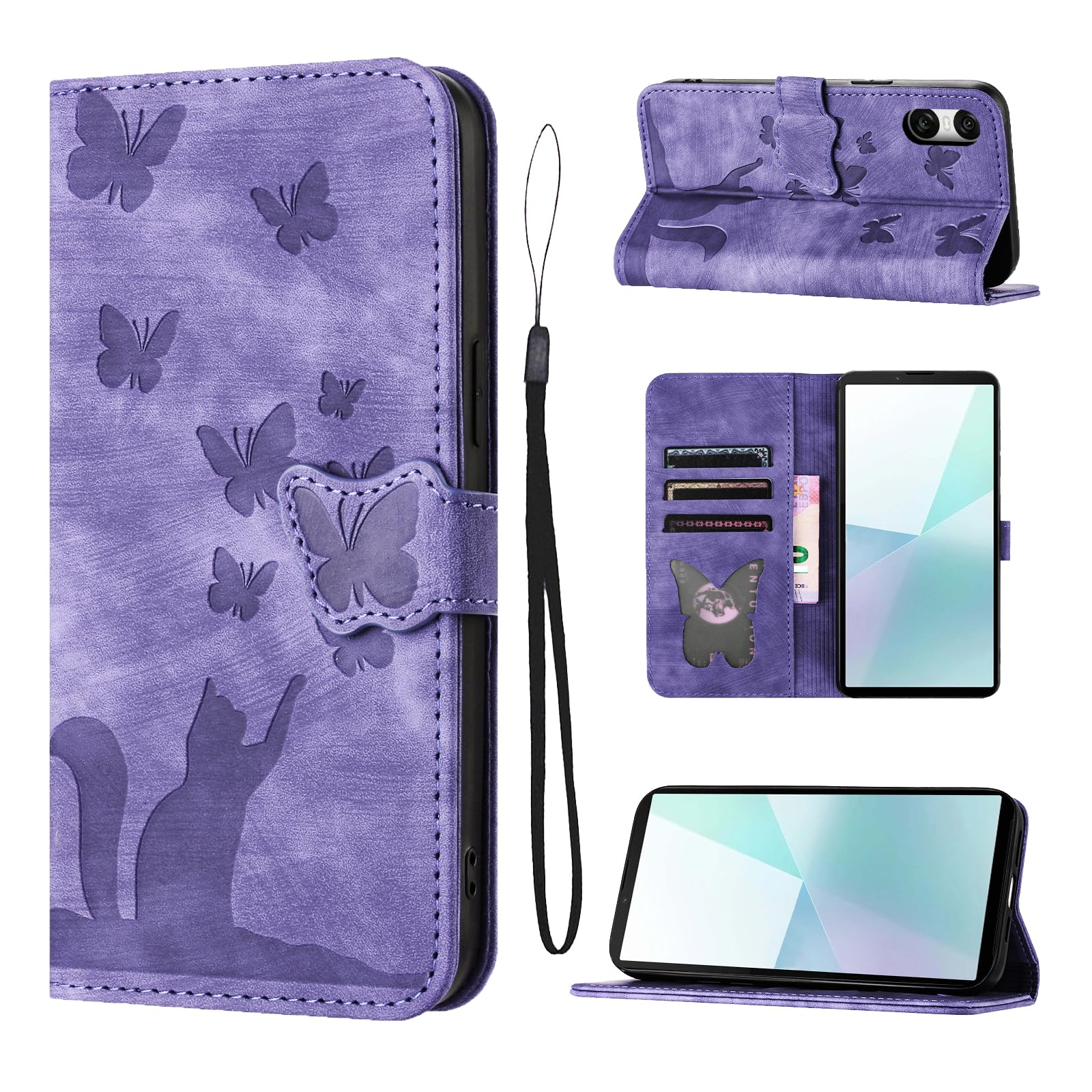 LSPCASA Phone Case For Sony Xperia 10 VI Premium PU Leather Material Sony Xperia 10 VI Case With Card Slots Cat Butterfly Pattern Xperia 10 VI Case Purple — image 1