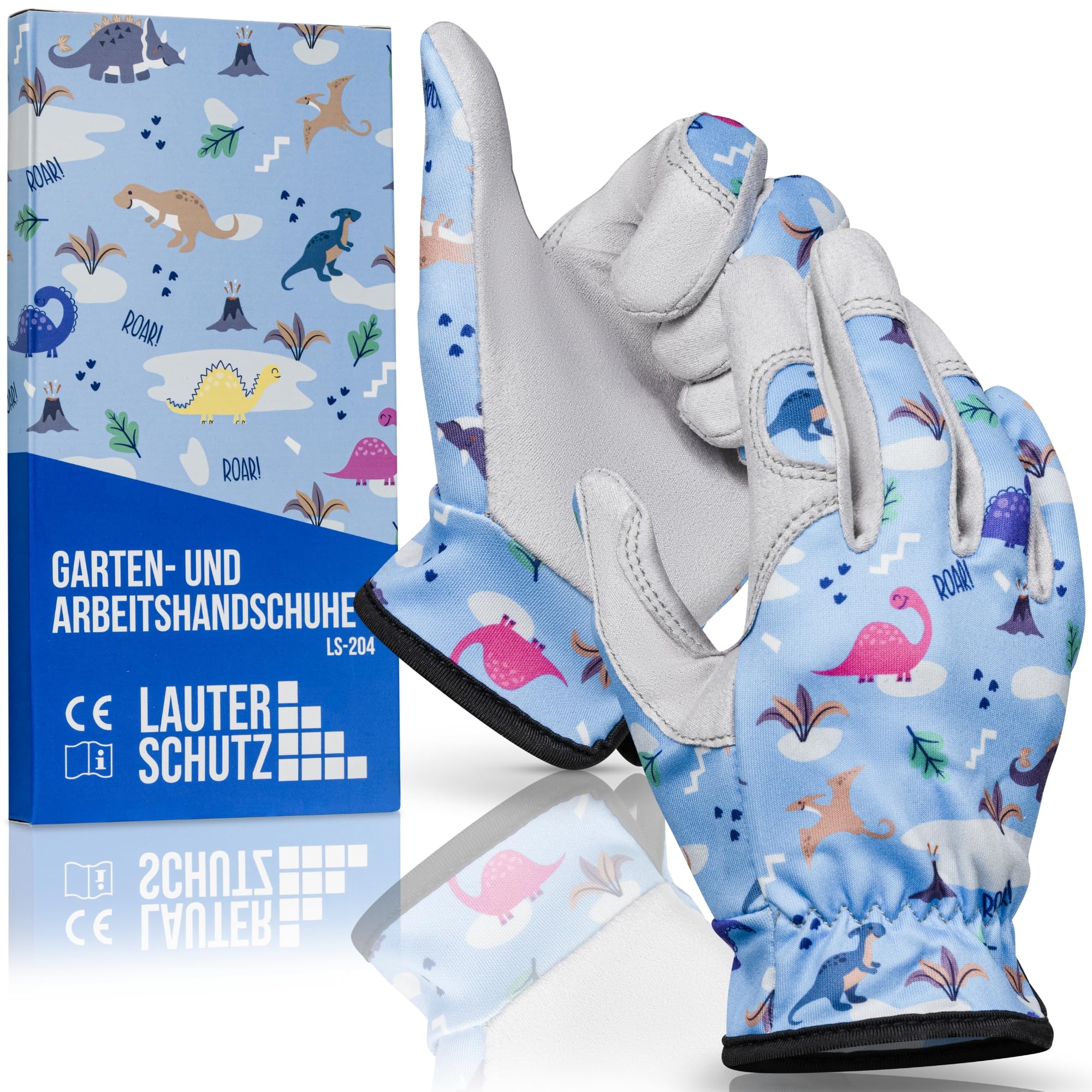 LAUTER SCHUTZ ® Kids: Premium Work Gloves (Stretchy Polyester & Faux Leather) with Non-Slip Faux Leather, Gardening & More (XL, Dino Pattern)