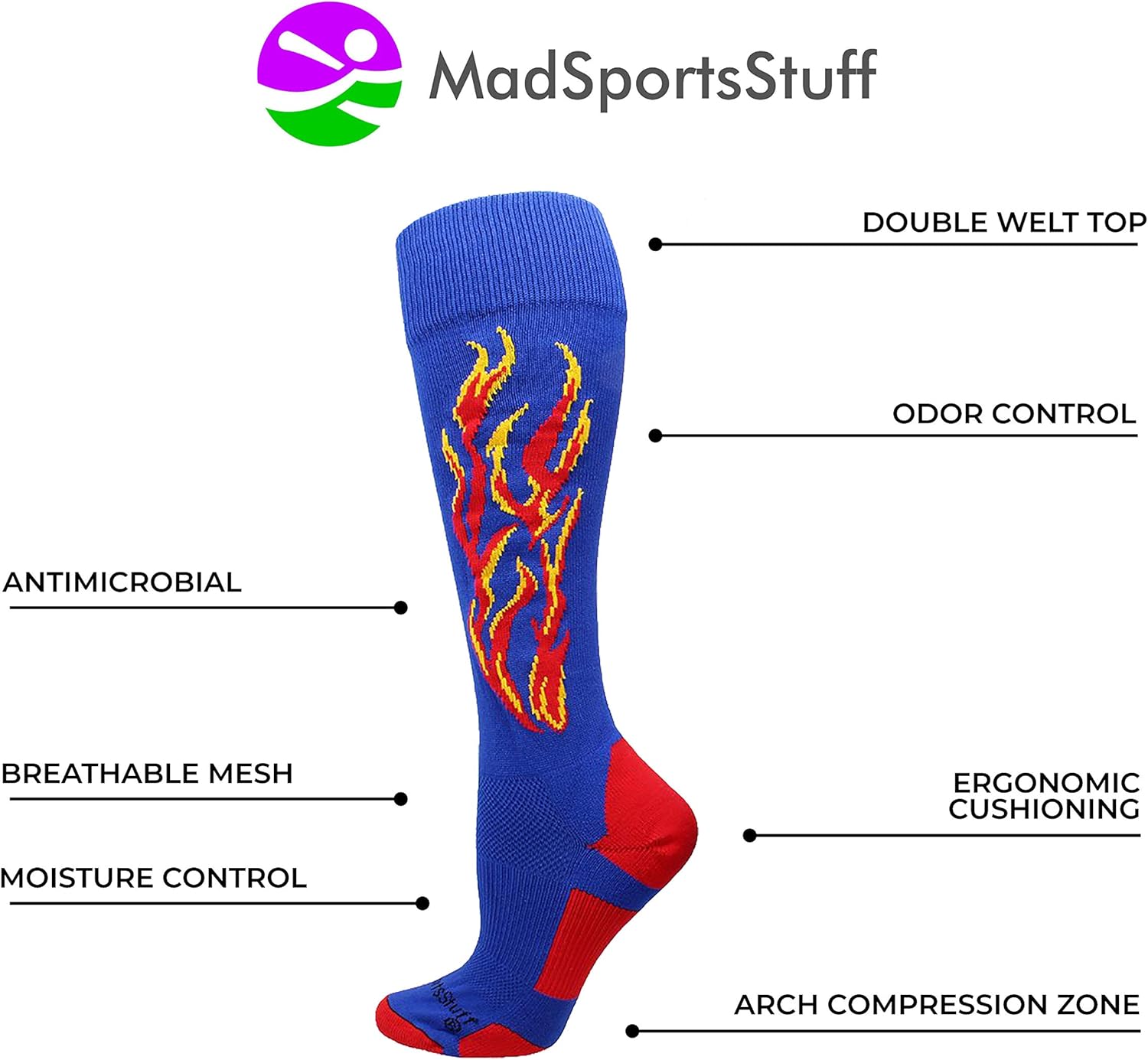 MadSportsStuff Flame Soccer Style Over The Calf Athletic Socks (Multiple Colors) : Clothing