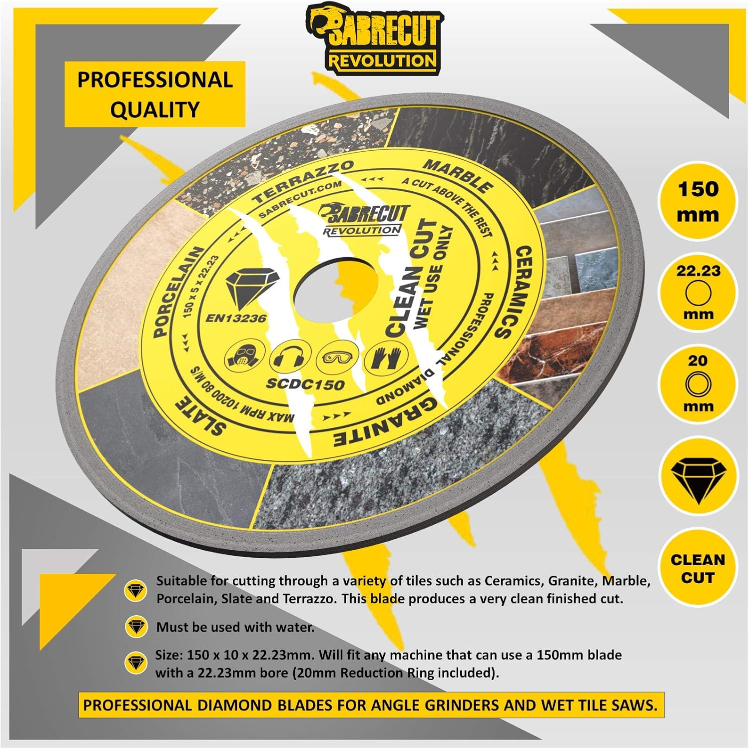 1 x SabreCut SCDC150 150mm (6 inch) x 5mm x 22.23mm Bore Continuous Rim Diamond Angle Grinder Circular Saw Blade - Image 3