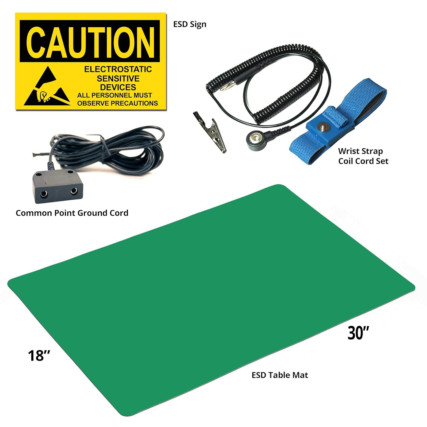 Static Care ESD Compliant Mat 18"x30", Wrist Strap Set, Ground Cord