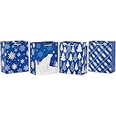 Hallmark 9" Christmas Gift Bags (4 Medium Bags: Blue with Snowflakes, Plaid, Polar Bear, Trees) for Holiday Parties, Hanukkah, Winter Weddings, Graduation