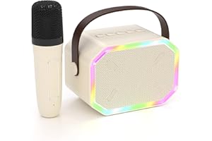 NIBOUR Mini Karaoke Machine for Kids Adults, Kids Gift Toys for 4 5 6 7 8 9 10 11 12+ Year Old Girls Boys Birthday Gifts, Portable Bluetooth Speaker with Wireless Microphones and LED Colorful Lights（Beige）