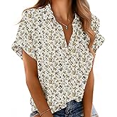 Mintreus Button Down Short Sleeve Shirts for Women V Neck Loose Roll Up Collared Shirt Casual Summer Tops with Pockets