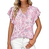 GRACE KARIN 2026 Boho Tops for Women Dressy Casual,Ruffle Sleeve Chiffon Blouses Work Shirts,V Neck Summer Fashion Clothes