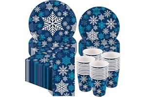 Pickmesh 250 Pcs Winter Wonderland Party Supplies, Christmas Snowflake Birthday Party Decoration Tableware Set for 50 Guests Blue and White Snowflake Plates Napkins Cup for Birthday Baby Shower Xmas