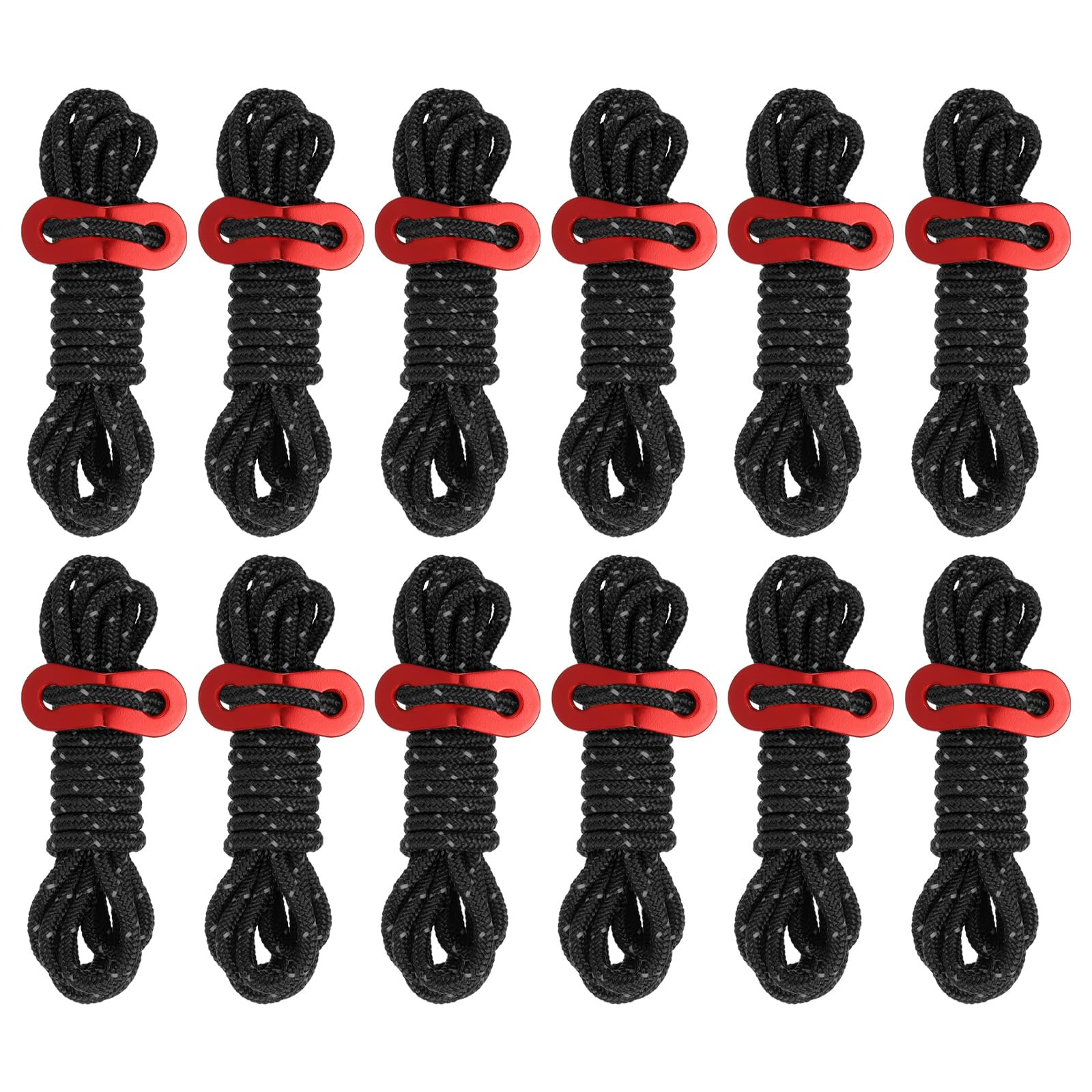 PATIKIL 4mm Tent Rope, 12 Pack 6.5ft Reflective Guyline Cord Tied Downs Rope Paracord Cord Camping Ropes with Red Aluminum Cord Adjusters for Camping Hiking Tent, Black