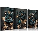 3pcs Dark Green And Gold Flower Canvas Wall Art Elegant Bloom Flowers Pictures Wall Decor Modern Abstract Plant Posters Prints Paintings for Living Room Bedroom Bathroom Decoration