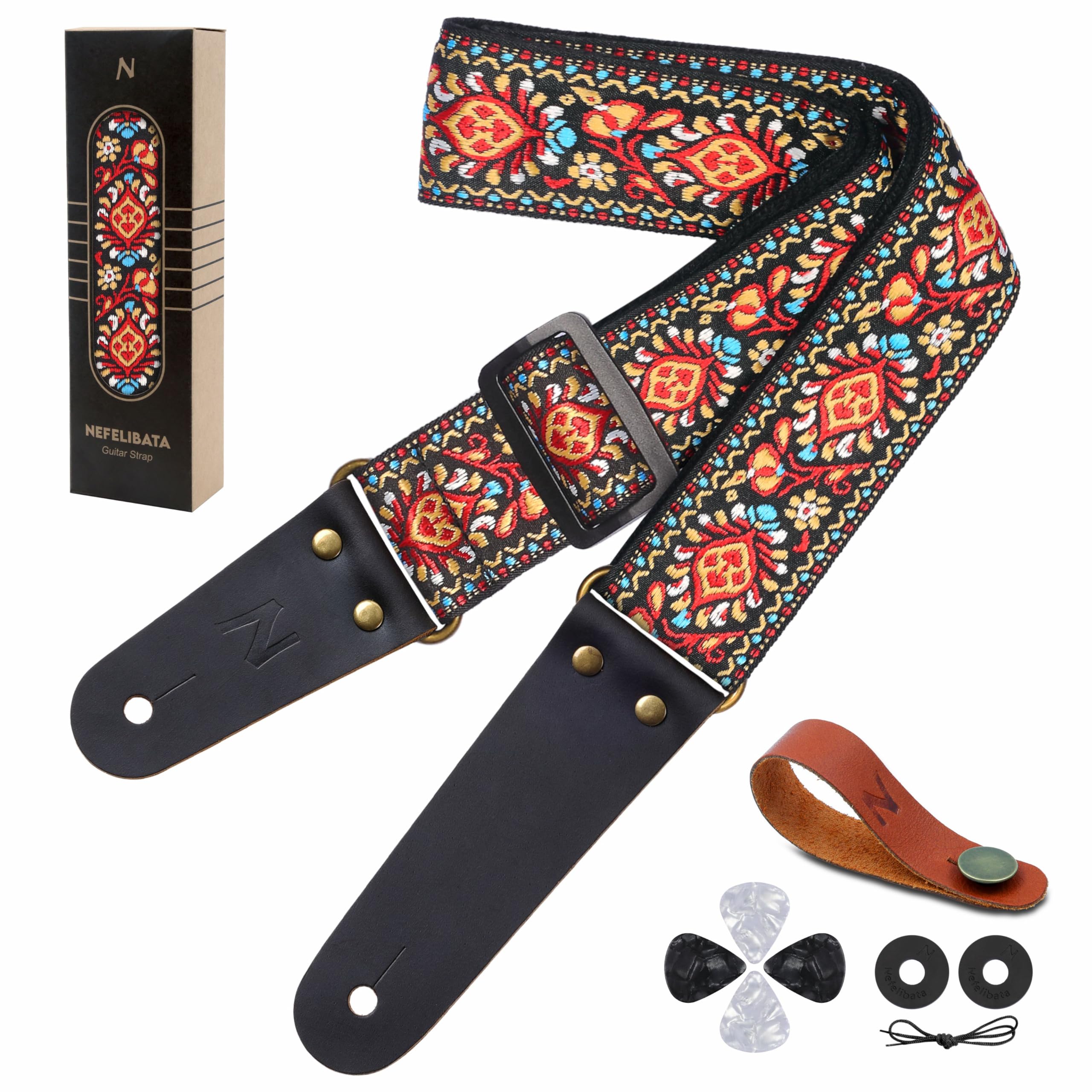 Nefelibata Guitar Strap, Cotton Vintage Embroidered Guitar Straps with Genuine Leather Ends for Bass, Electric, Acoustic Guitars, Free Strap Button, Strap Locks and Guitar Picks — image 1