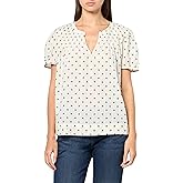 Lucky Brand Womens Smocked Notch Neck Puff Sleeve Top