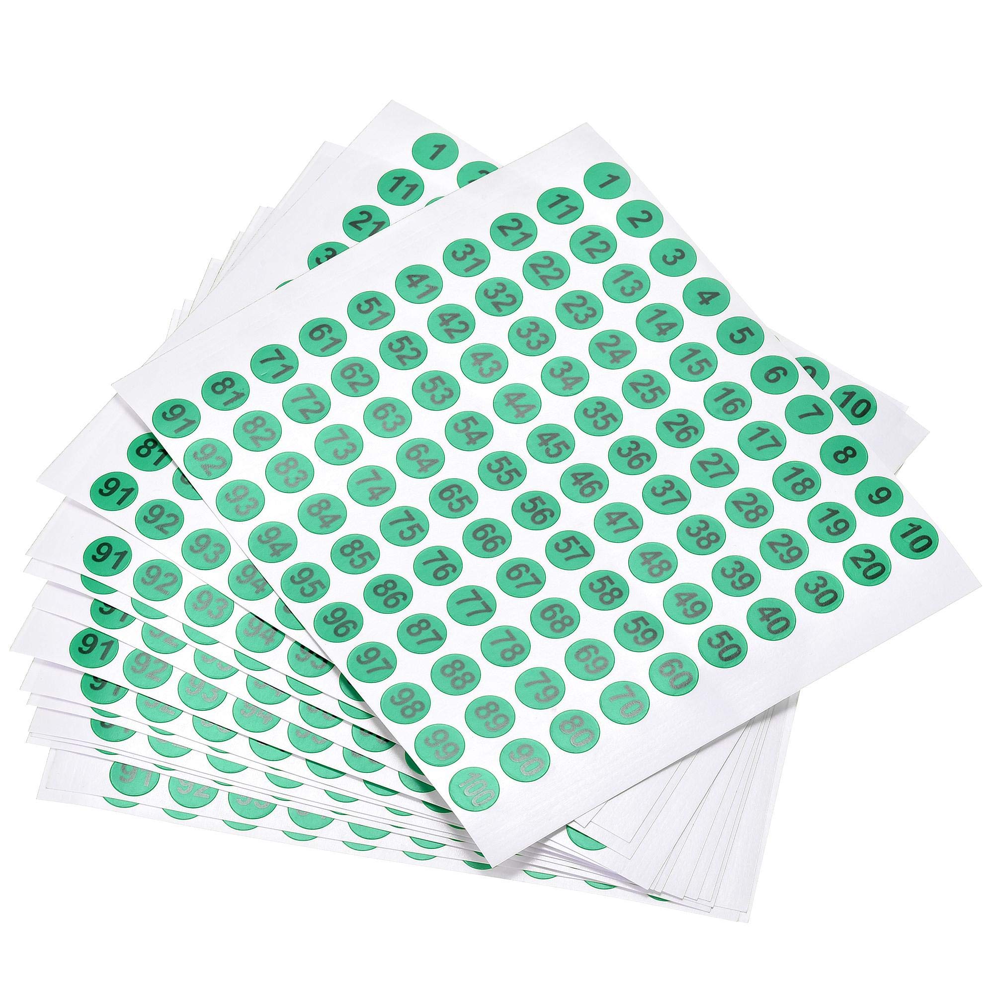 sourcing map Round Number Stickers, 10mm Dia Number 1-100 Coated Paper Label 15 Sheets, Black Word/Green Background