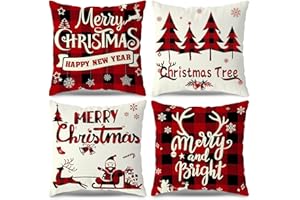 TGOOD Christmas Decorations, Christmas Decor Christmas Pillow Covers 18x18 Set of 4 Red Black Buffalo Check Plaid Christmas Decorations Clearance Indoor Outdoor Xmas Throw Pillow Cases for Sofa Couch