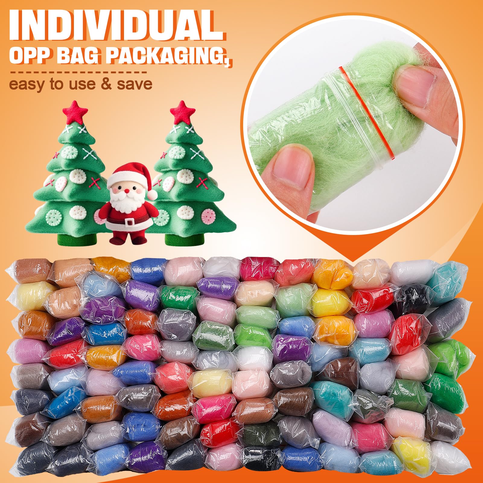 96pcs 10.4 oz Needle Felting Wool - 48 Colors Nature Wool Roving Yarn for Beginners Hand Spinning Felting Supplies, 3g/Pack