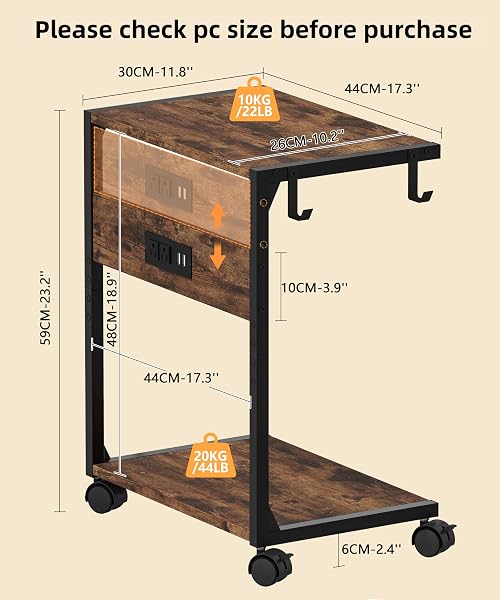 AKXOMEL 2 TIER COMPUTER TOWER STAND WITH CHARGING STATION, 11.8″ D X 16.5″ W ROLLING FLOOR PC TOWER STAND FITS UNDER DESK, CPU HOLDER CART FOR CARPET WITH HOOKS, C SHAPED END TABLE FOR HOME OFFICE