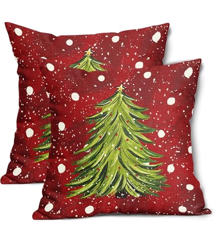 Watercolor Christmas Tree Pillow Covers 18x18 Inch, Set Of 2 - Green Xmas Tree Design, Hidden Zipper, Holiday Decor