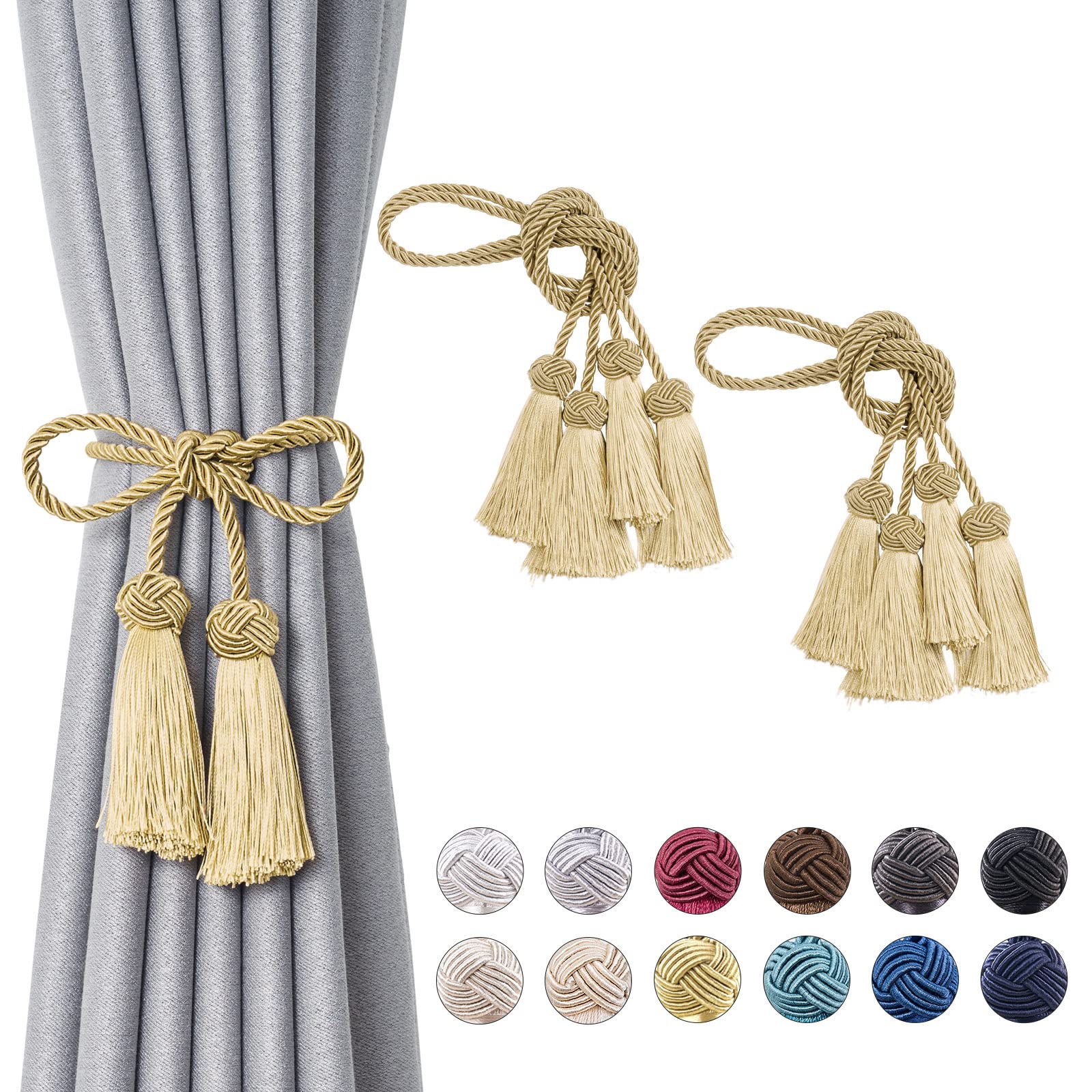 Pretty Jolly 4 Pack Double-ended Tassel Curtain Tiebacks Handmade Braided Rope Knot Drape Tie Backs European Style Decorative Curtain Holdbacks for Home & Office Window Drapery (Gold)