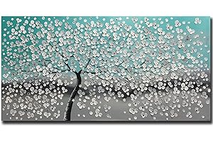Yotree Paintings, 24x48 Inch Paintings Contemporary Flower Art Oil Painting on Canvas Palette knife Textured Abstract White Flower Tree Paintings Hand Painting for Livingroom (Blue)