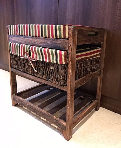 Storage Bench Wicker Basket Draws Cushion Seat Ottoman Shoe Shelf