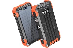 GOODaaa Portable Charger 42800mAh Built in 4 Cables and Thermometer 15W Fast Charging Power Bank Five Outputs Three Inputs Solar Charger Power Bank, SOS/Strobe/Strong Flashlights, Carabiner
