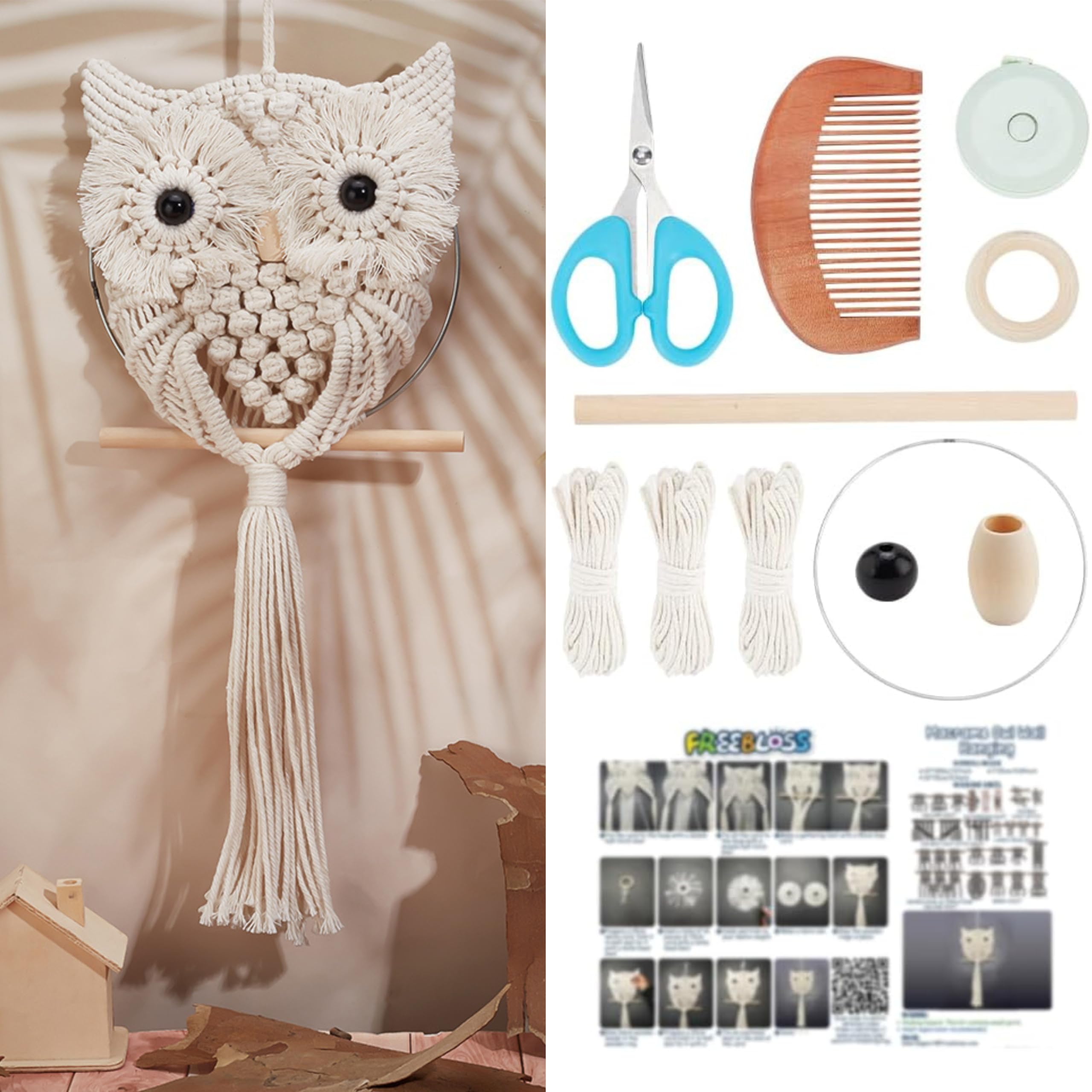FREEBLOSS Macrame Owl Kit for Beginners Macrame Wall Hanging Kit DIY Macrame Kit with Instruction Macrame Hanging Decor for Adults Gift with Video Tutorials