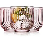 Glaver's Vintage Glassware Art Deco Glasse Ribbed Drinking Glasses U-Shape Arch Design Colored Cocktail Kitchen Tumblers Everyday Dinner Decorative Party (Pink S/4 11oz)