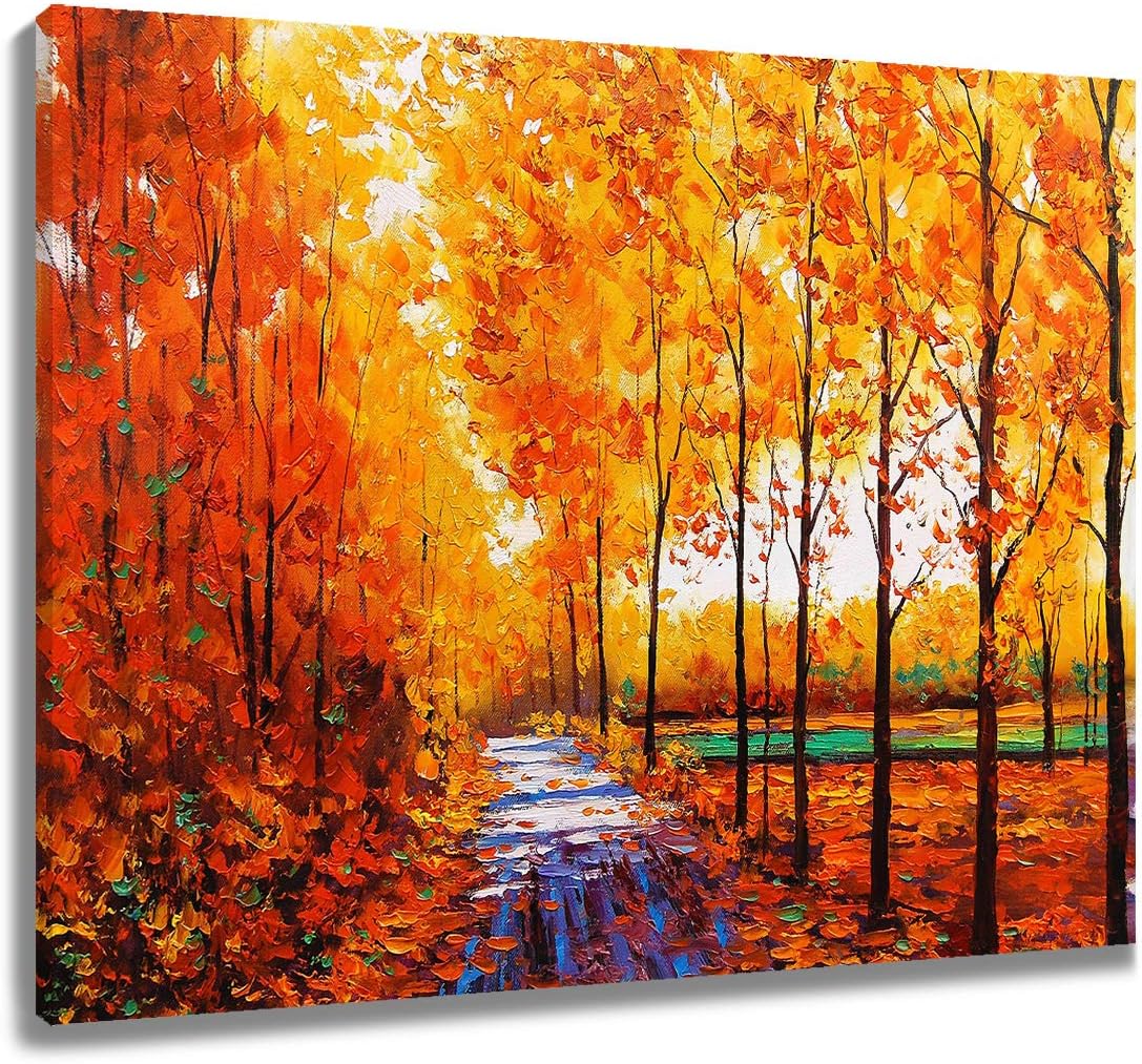 LB Framed Autumn Maple Leaves Canvas Wall Art Fall Tree Forest Field Landcape Painting Canvas Prints Artwork for Living Room Bedroom Bathroom Home Decor Ready to Hang, 16x12 inches