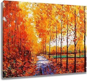 LB Framed Autumn Maple Leaves Canvas Wall Art Fall Tree Forest Field Landcape Painting Canvas Prints Artwork for Living Room Bedroom Bathroom Home Decor Ready to Hang, 16x12 inches
