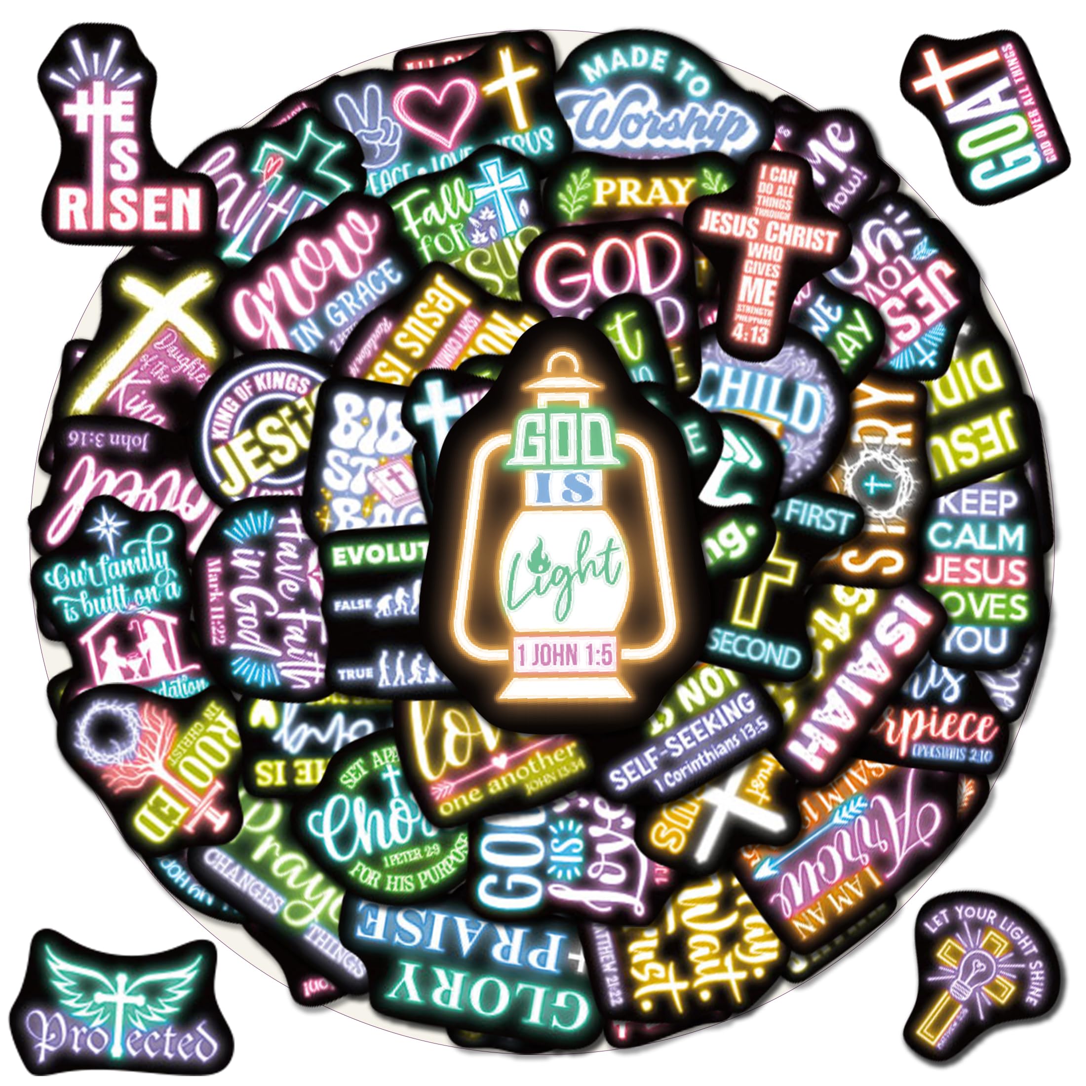 70 Pcs Neon Christian Bible Kids Stickers, Jesus Christ Faith Vinyl Waterproof Water Bottle Decals, Teens Adults Religious Christianity Christmas Thanksgiving Decor
