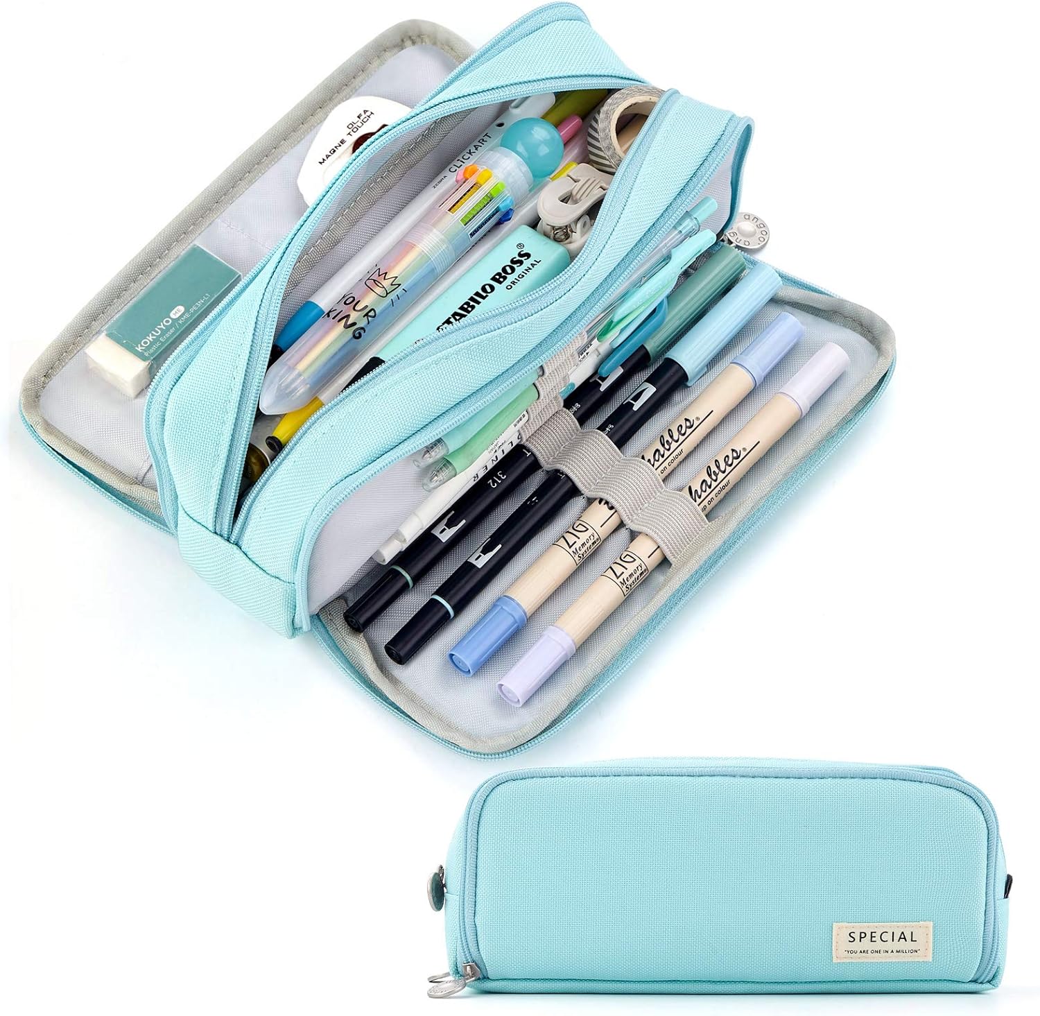 CICIMELON Pencil Case Large Capacity Pencil Pouch 3 Compartments Pencil Bag Gift for Students Girls Adults Women(Light Blue)