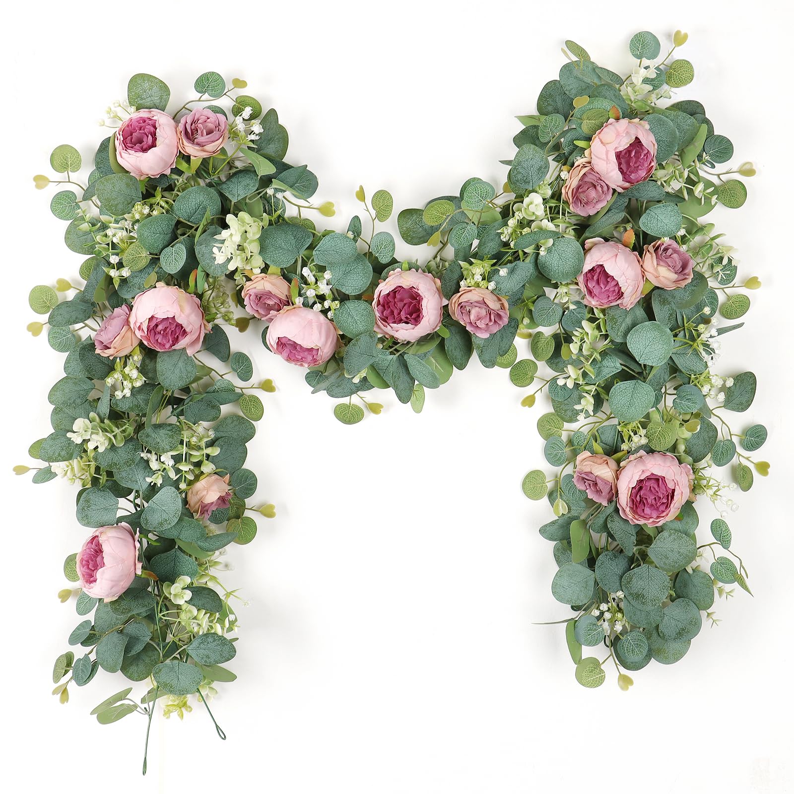 SOMYTING 2Pcs 13.1FT Artificial Eucalyptus Flower Garland with Fake Rose Flower Vine Seeded Eucalyptus Leaves Greenery Garland for Wedding Table Backdrop Party Centerpiece Room Decor (Vintage Pink)