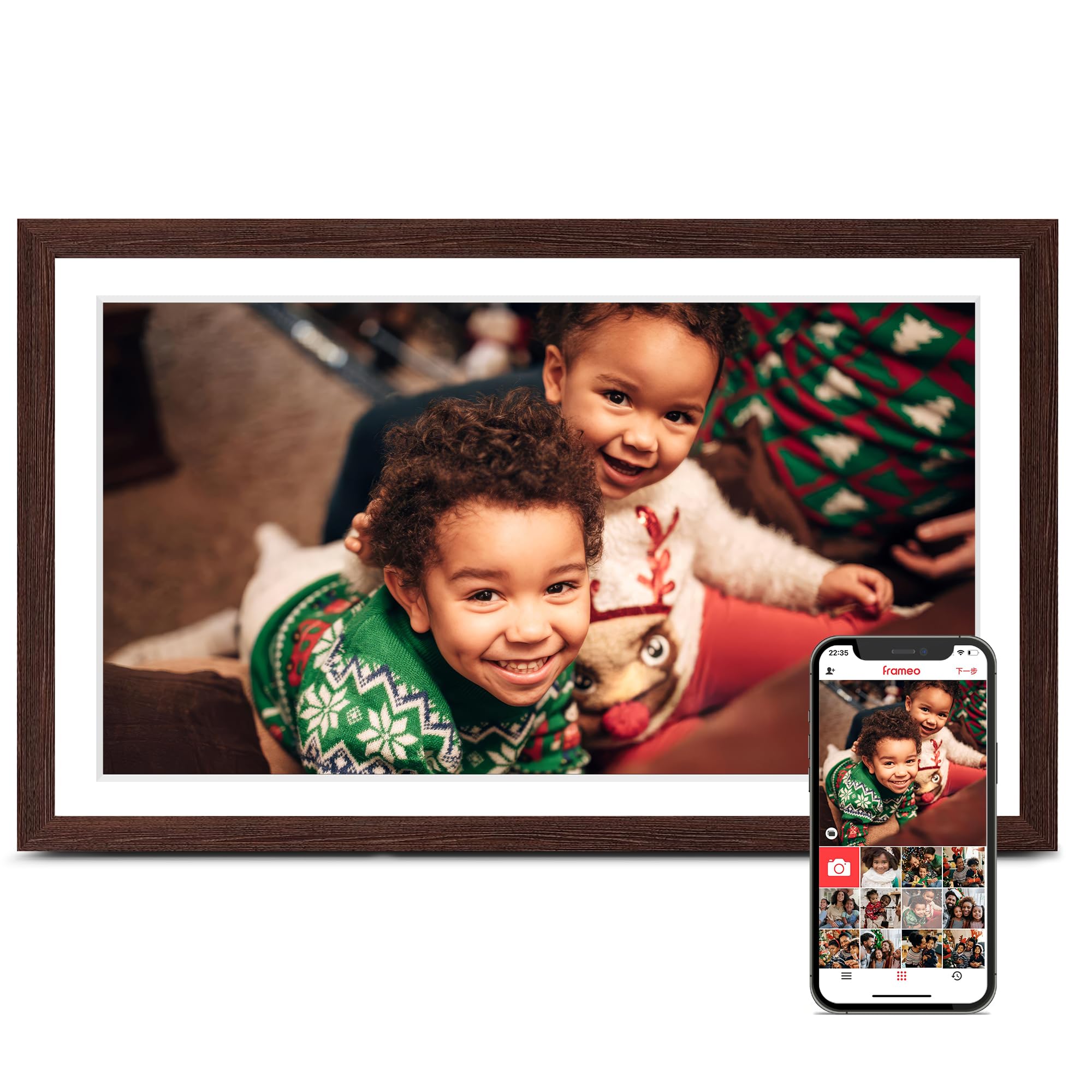 Photo 1 of ***(PARTS ONLY/MAJOR DAMAGE/ NON FUNCTIONAL)***Digital Picture Frame Frameo, Large 15.6 Inch Digital Photo Frame, WiFi Electric Frame, 1920 * 1080 IPS FHD Touchscreen, 32GB, Tabletop&Wall-Mounted, Share Video Picture, Gifts for Mom, Black Walnut
