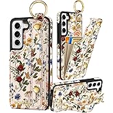 Petitian for Samsung Galaxy S22 Case with Wallet - Women Girls Cute Girly Aesthetic Unique Design Leather Credit Card Holder Cardholder Stand Wristband for S22, Vin Flower