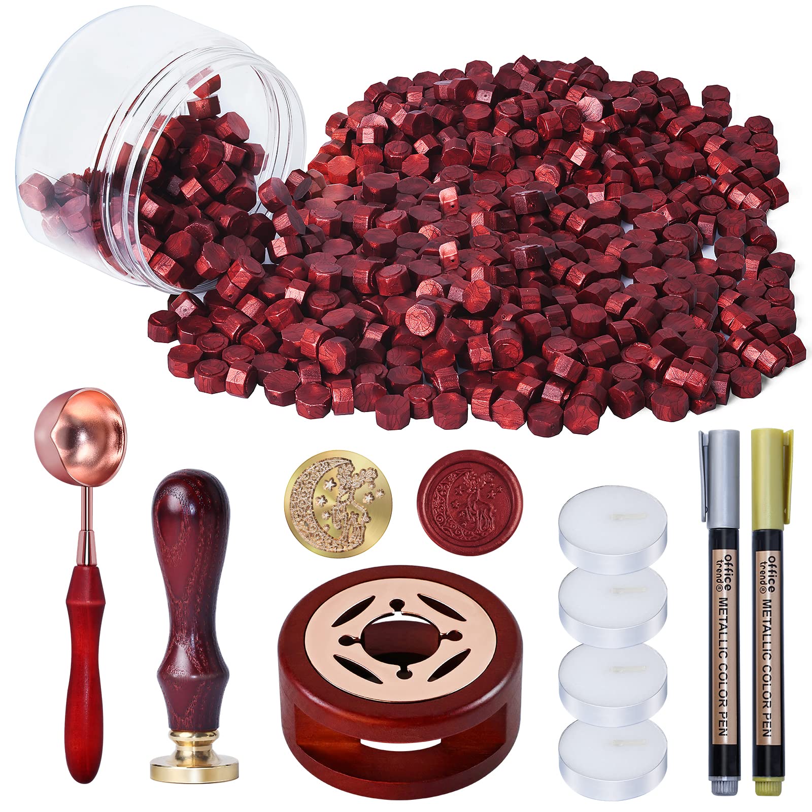 250 PCS Wax Seal Stamp Kit, WEWINK PLUS Red Sealing Wax Beads with Deer Stamp, Warmer, Spoon, Tea Candles, Metallic Pen for Stamp Seals, Gifts, Invitations, Envelopes, Crafts