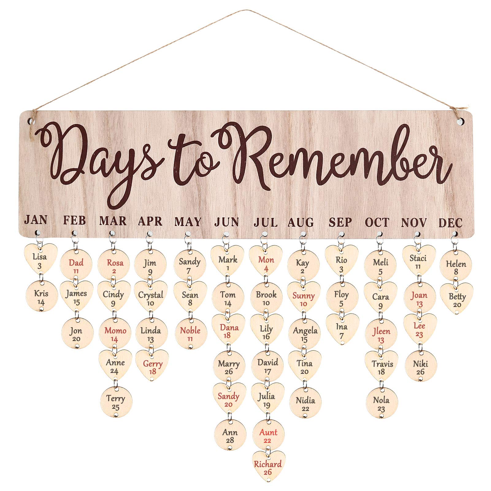 GOTH Perhk Wooden Calendar Birthday Reminder Wall Hanging with Tags, DIY Hanging Wooden Birthday Reminder Calendar, Handmade Ornaments for Family Friends Birthday Reminder Home Wall Decor