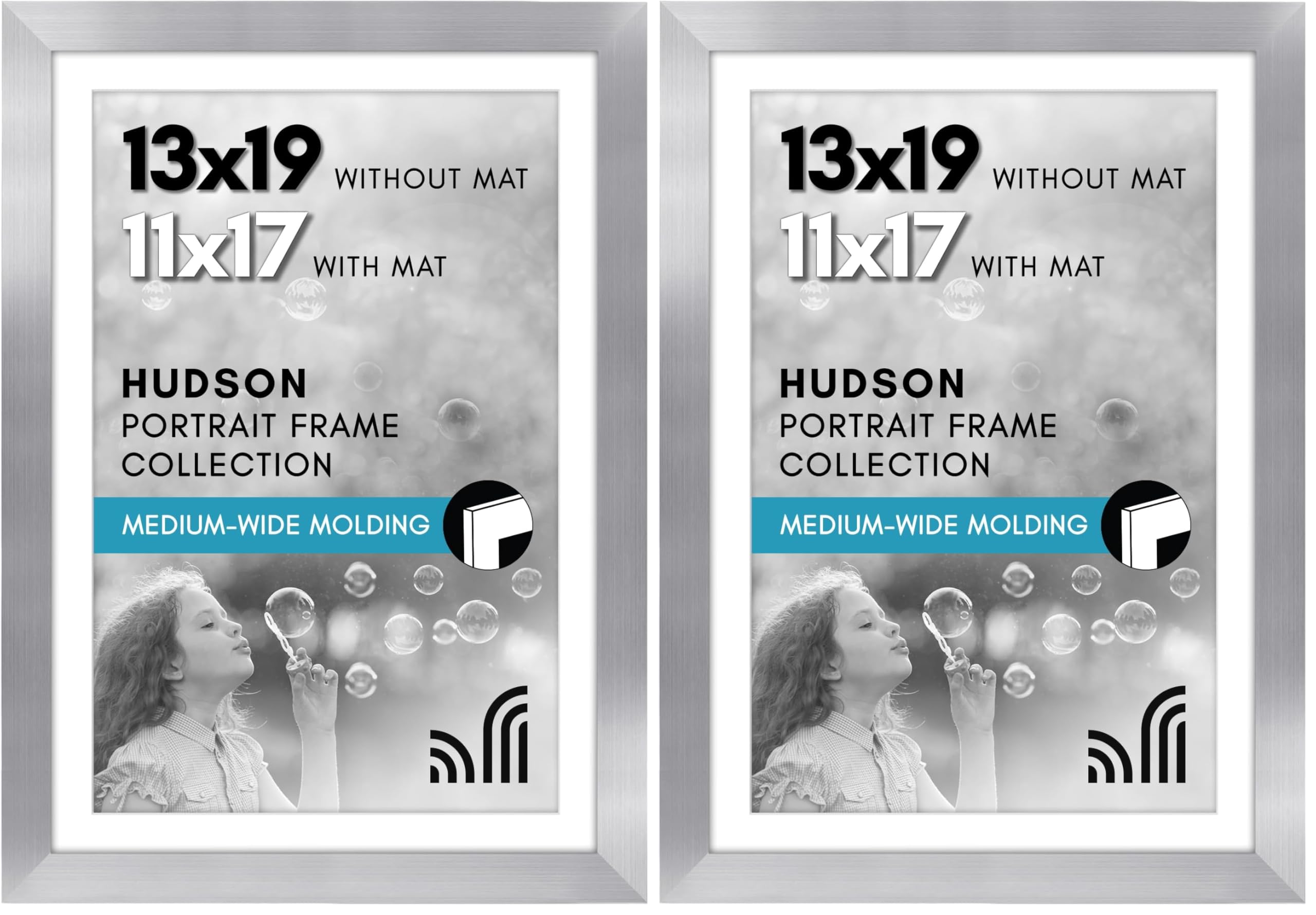 Americanflat 13x19 Picture Frame with Shatter-Resistant Glass - Use as 11x17 Frame with Mat or 13x19 Frame Without Mat - Hudson Collection - Wide Photo Frame for Wall Display - Silver (Pack of 2) Image
