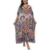 IMAGEKOPE Women's Plus Size Loose Fit Moroccan Print V-Neck Batwing Kaftan Beach Dress Bathing Suit Cover Up