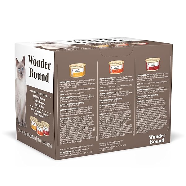 AMAZON BRAND – WONDER BOUND GOURMET WET CAT FOOD IN GRAVY VARIETY PACK (TURKEY, CHICKEN, BEEF), POULTRY, MADE IN USA, 3 OUNCE (PACK OF 24)