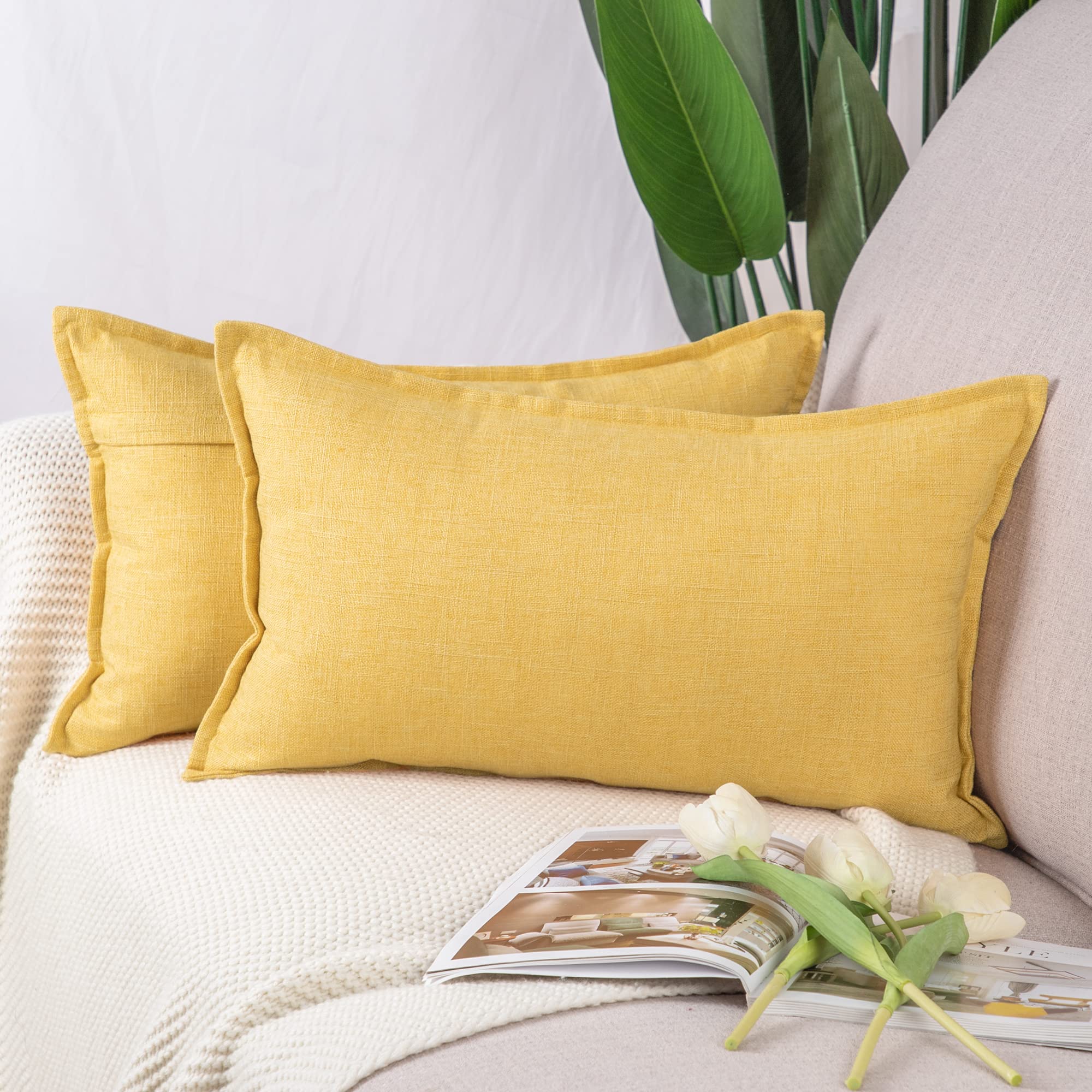 Madizz Set of 2 Faux Linen Cushion Covers 12x20 inch, 30x50 cm, Yellow Soft Decorative Couch Pillows for Bed Pillowcases for Sofa Livingroom Home Decor