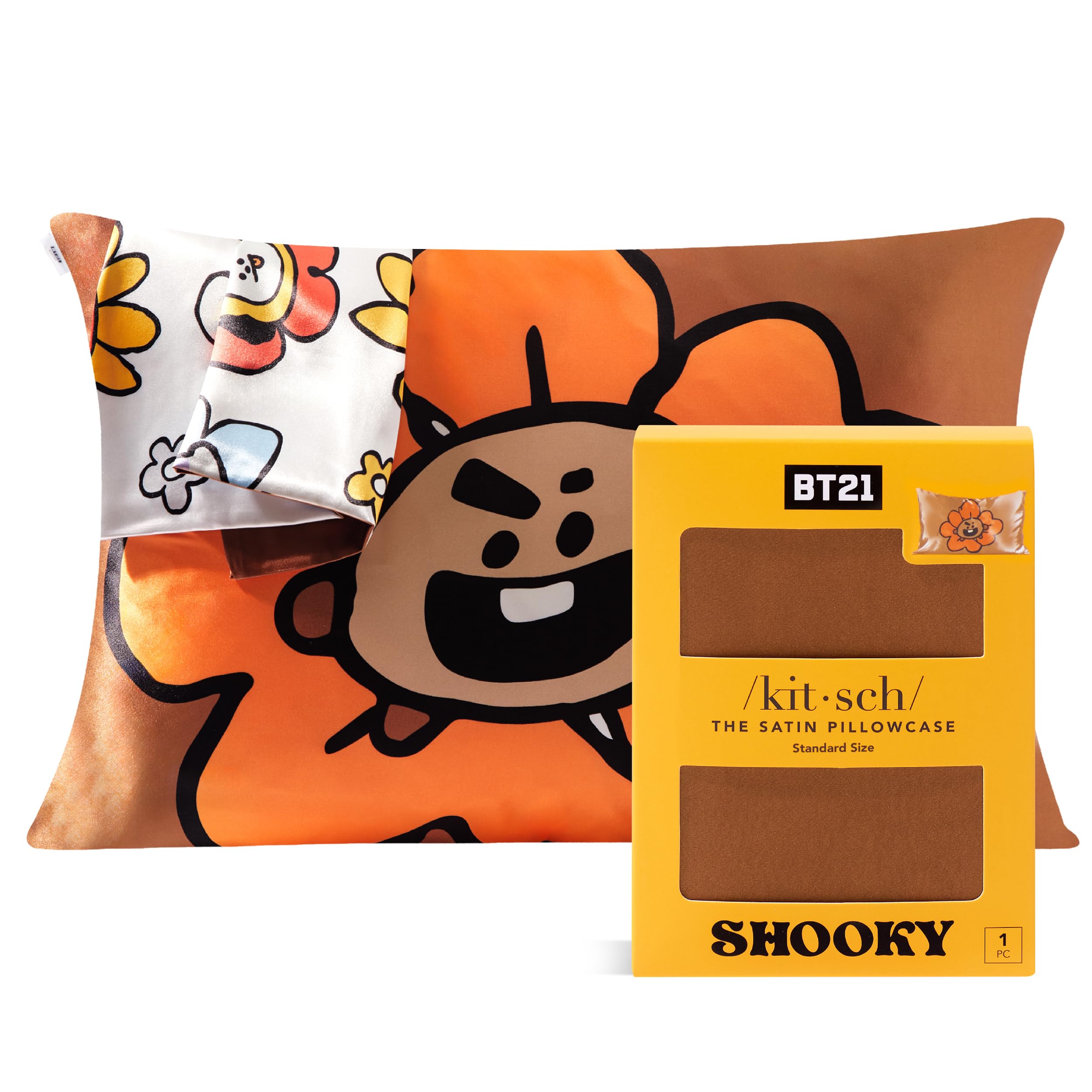 BT21 x Kitsch Satin Pillowcase with Zipper Closure, Softer Than Mulberry Silk Pillow Cases Standard Size 1 Pack, Cooling Pillow Covers Queen for Hair, Skin Health & Beauty Sleep (19x26 in, Shooky)