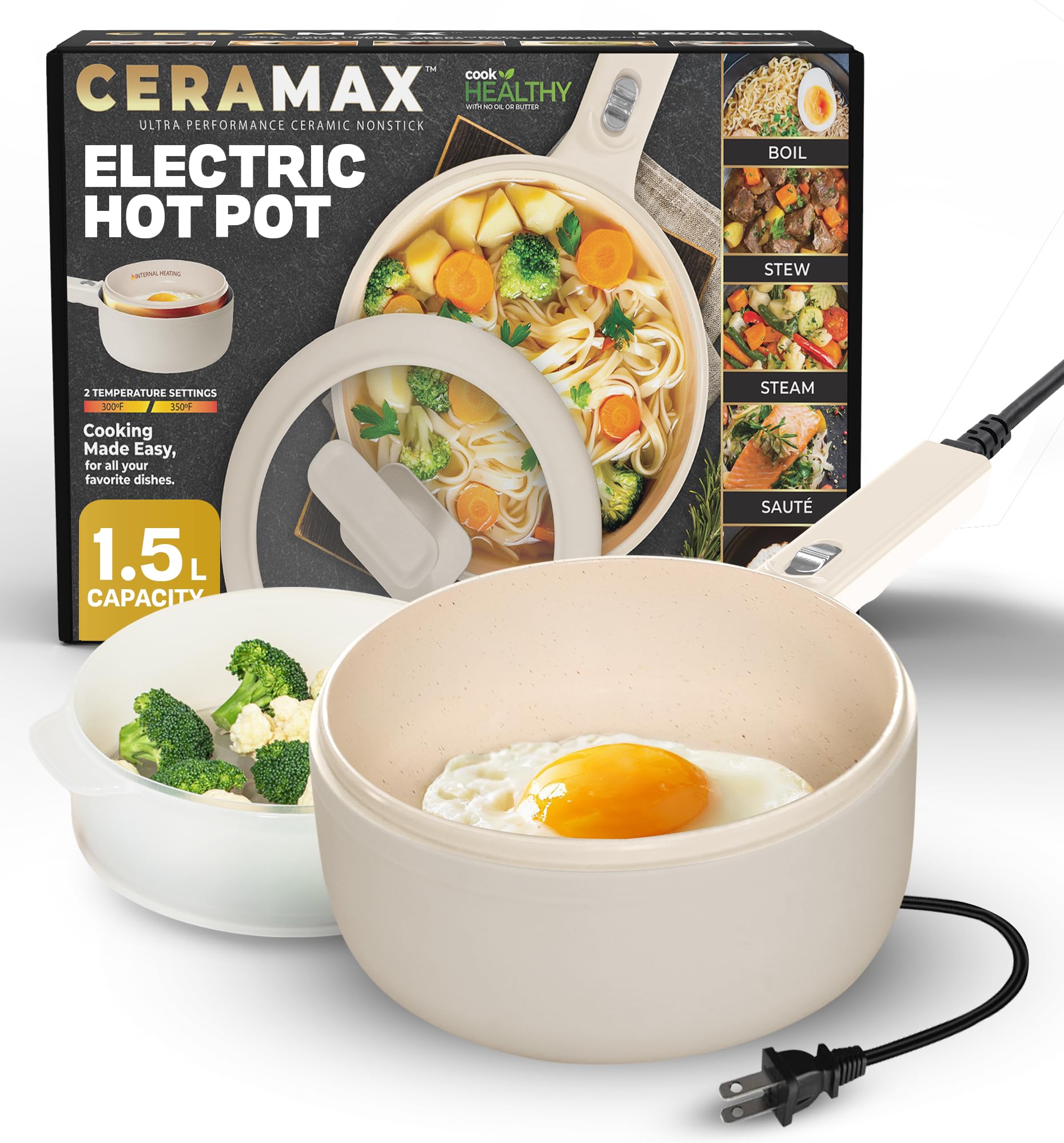 CERAMAX Electric Hot Pot for Cooking, Portable Hotpot Pot Electric Cooker Frying Pan for Dorm Room Essentials, Camping, RVs - 2024 Model