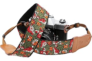 Padwa Lifestyle Green Flower Camera Strap for All DSLR Cameras,Double Layer Cowhide Ends,2" Wide Pure Cotton Embroidered Wove