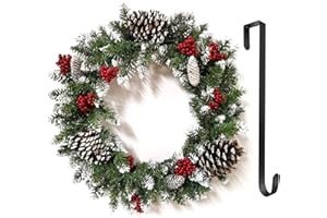 MILUKON Christmas Wreath with Hanger, 18inch/45cm Artificial Christmas Garland for Front Door with 50 LED Lights, Pre-Lit Xmas Wreath for Winter Decorations Door Wall Hanging Ornaments