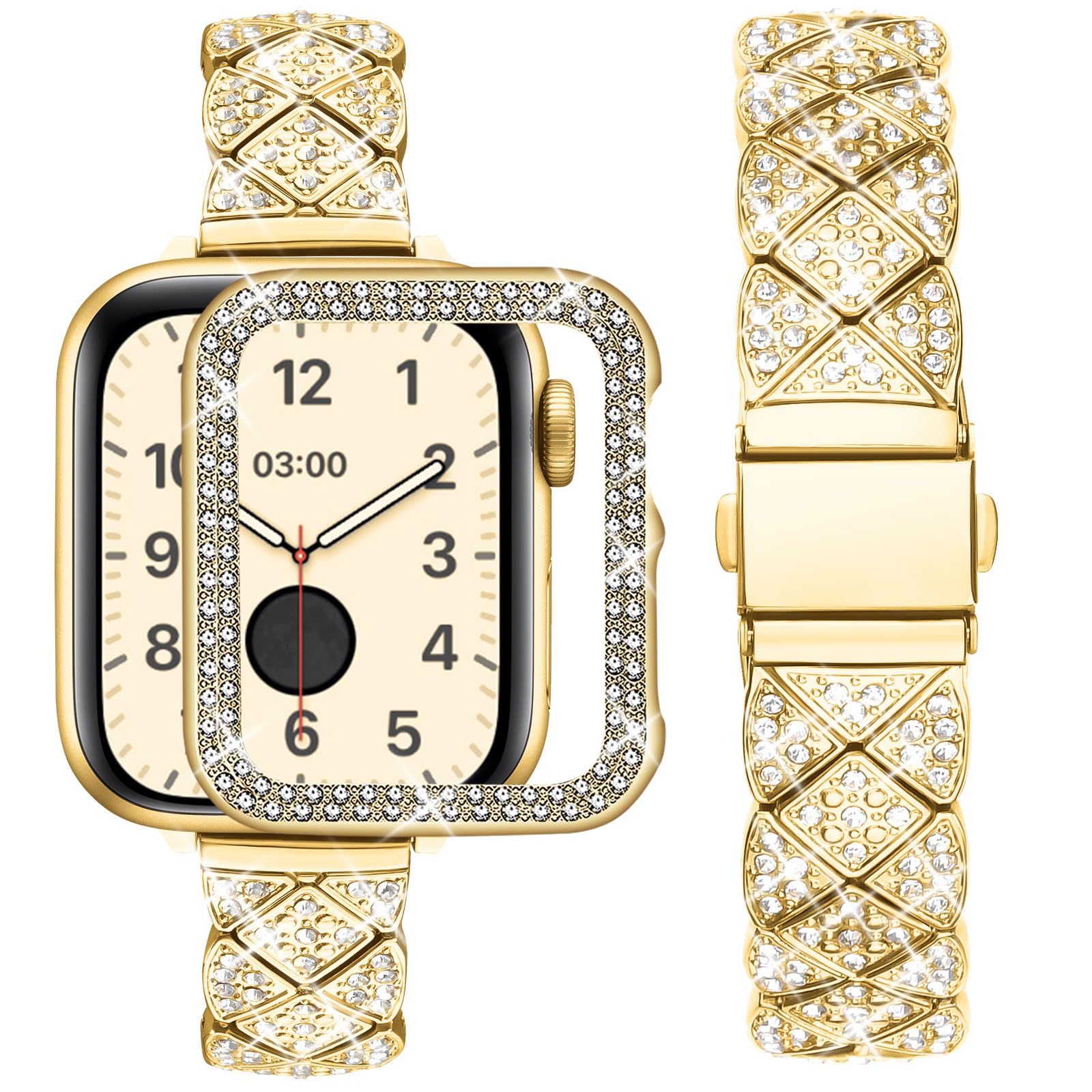 wutwuk Compatible Slim Bling Apple Watch Straps with Case 41mm for Women and Men, Stainless Steel Metal Replacement Strap, Jewelry Metal Watch Strap for iWatch Series 9/8/7 41mm Gold