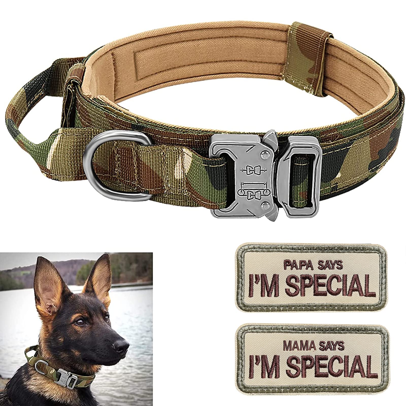 Tactical Dog Collar for Large, Medium Dog, Military Dog Collar Heavy Duty With 2 Patch, M （14"-18.5"),Green