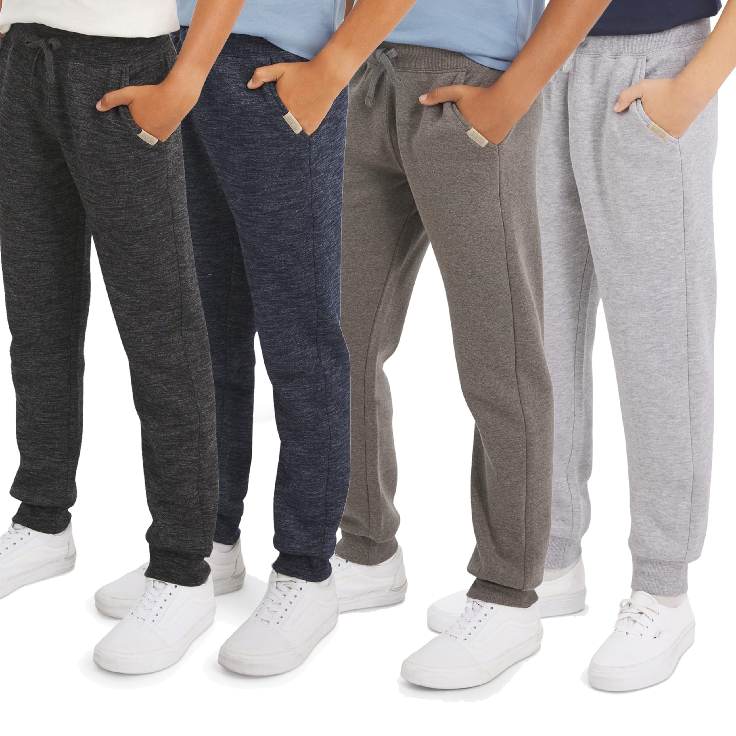 Weatherproof Vintage Boys’ 4 Pack Variety Midweight Super Soft Fleece Lined Stretchable Jogger Pants, Black Navy Melange Set, X-Small