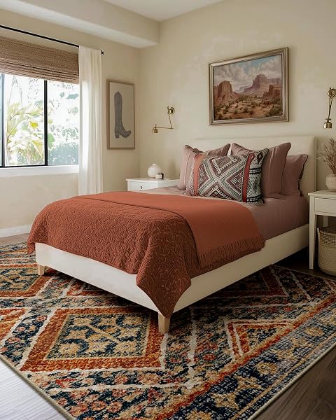 AREA RUG 6X9 RUG MACHINE WASHABLE NON-SLIP LOW PILE PRINT PATTERN WESTERN RUG FALL RUG FOR LIVING ROOM BEDROOM ENTRYWAY TRIBAL SERIES -ORANGE/BROWN