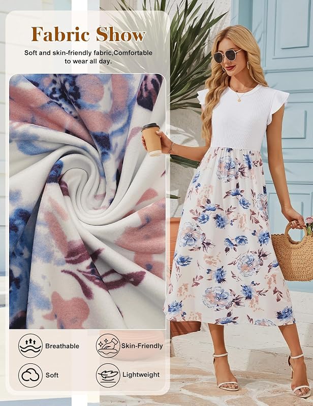 Vestido Largo Verano Mujer Vestido Casual Cuello Redondo Cintura Alta Cintura Elástica Manga Volante Vestidos Boho Playa Fluido Línea A (Azul Claro Floral, M)